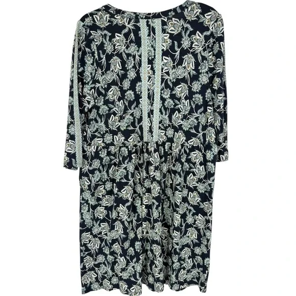 NWT J.Jill Navy Blue Floral Paisley Split Neck 3/4 Sleeve Knit Dress Size Medium - Picture 2 of 13